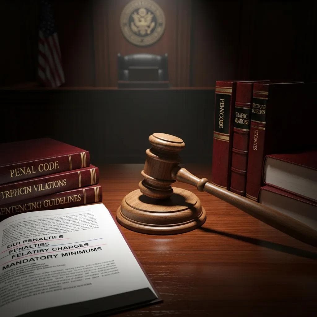 Courtroom with gavel and legal reference books emphasizing DUI penalties