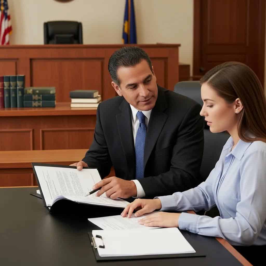 Criminal defense attorney consulting with a client in a courtroom setting