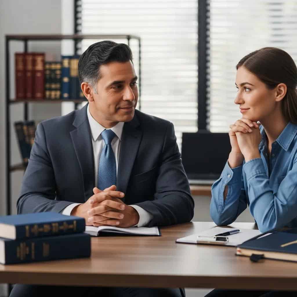 Criminal defense lawyer consulting with a client in a professional office setting