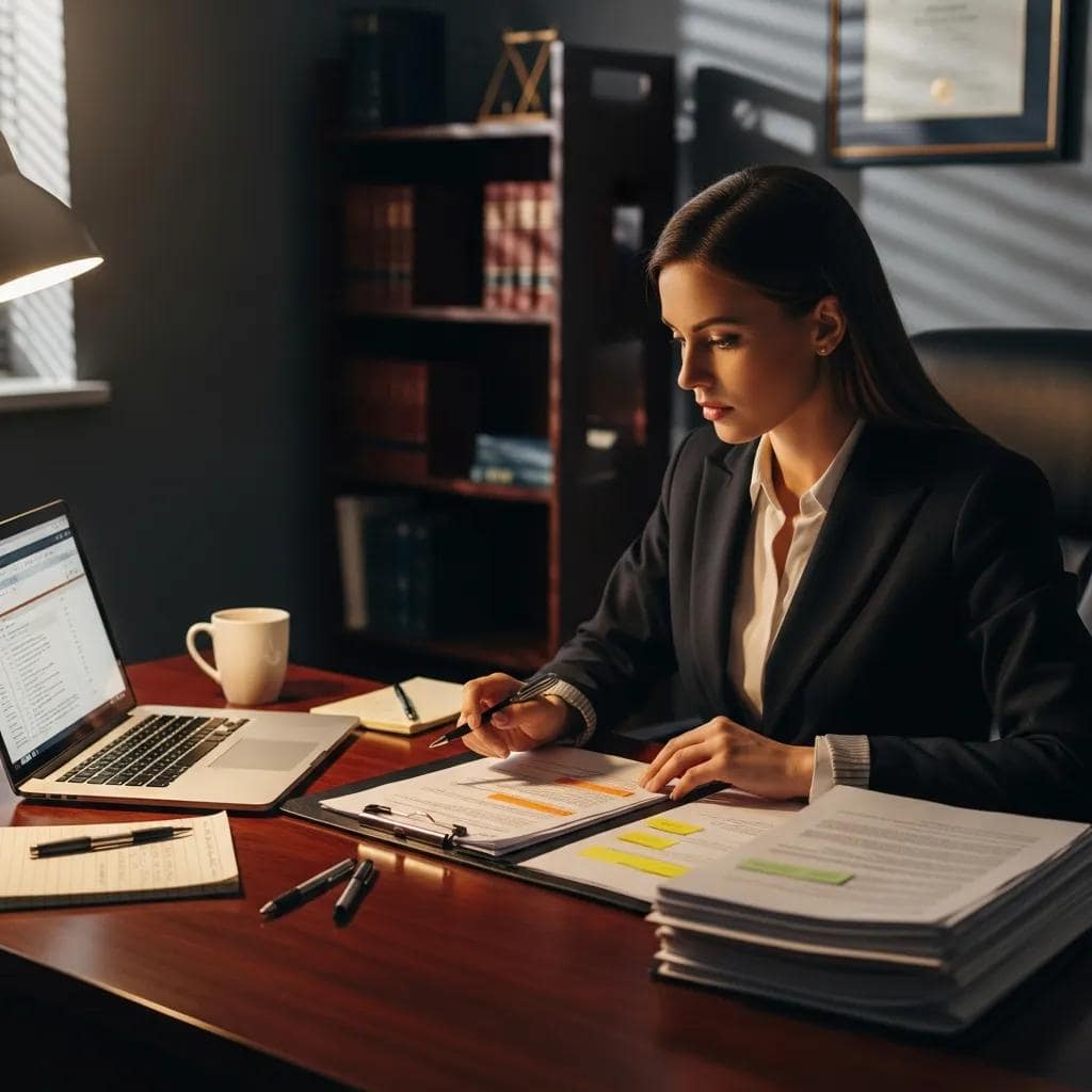 Defense attorney preparing documents and evidence for a DUI case