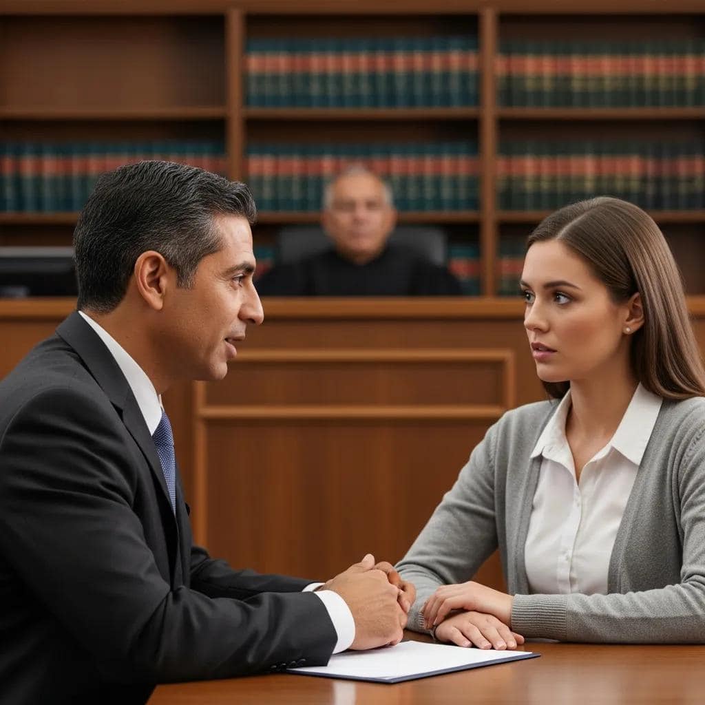 DUI defense attorney consulting with a client in a courtroom setting