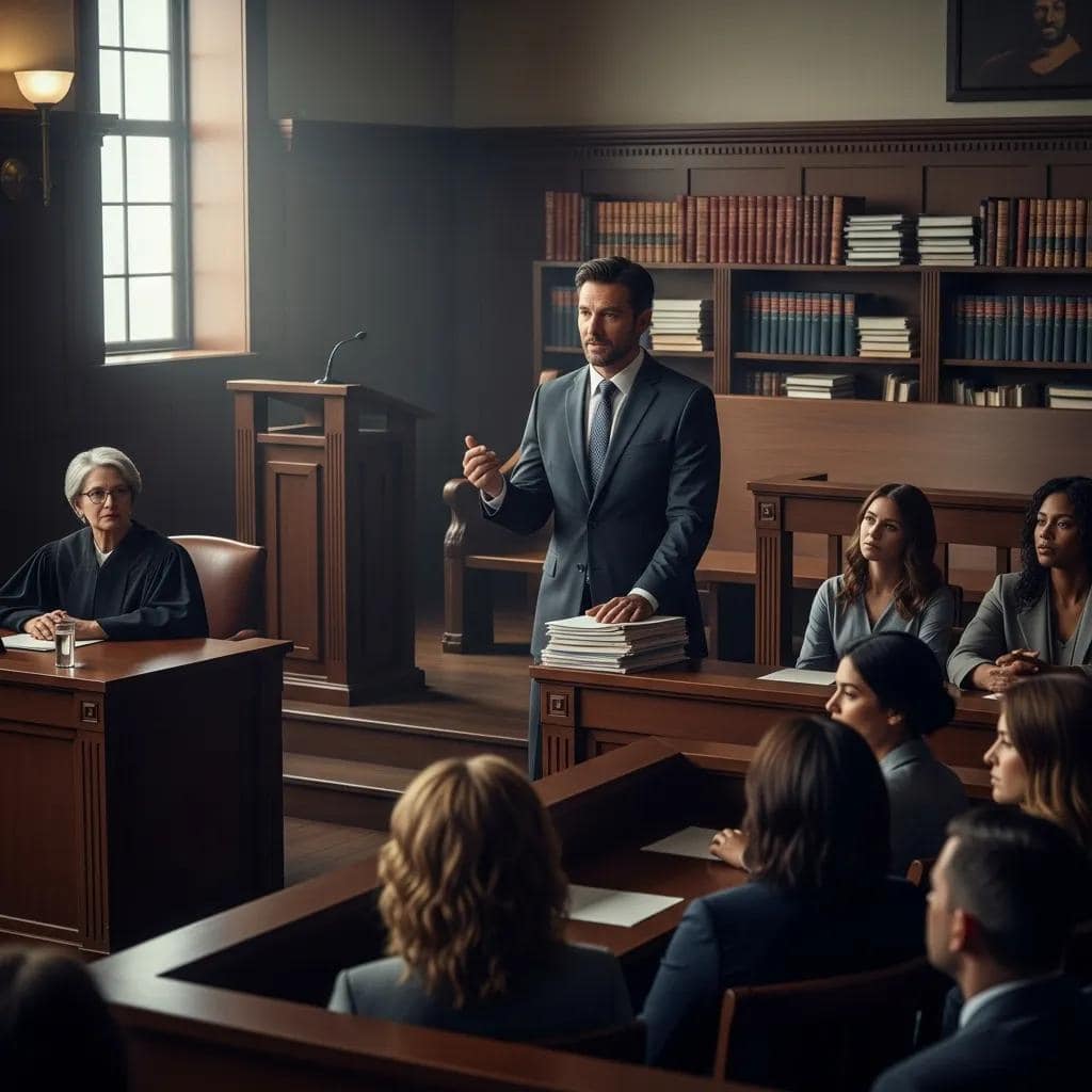 Courtroom scene illustrating DUI defense strategies with an attorney presenting a case