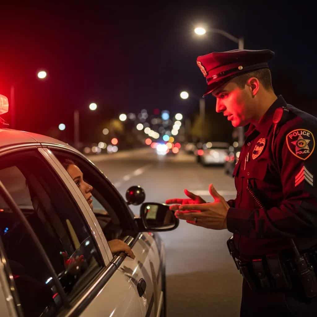 Driver interacting with a police officer during a DUI traffic stop, discussing test refusal