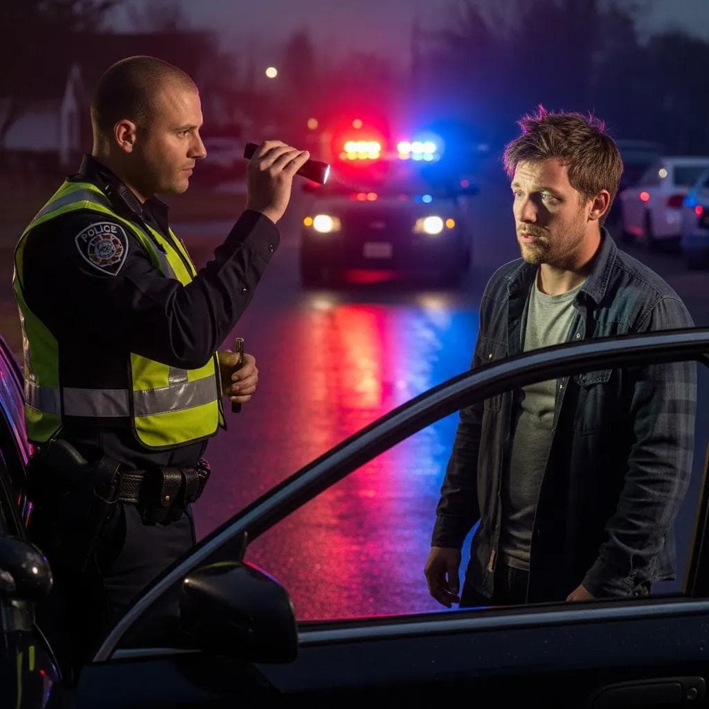 Police officer conducting a field sobriety test during a DUI stop at night