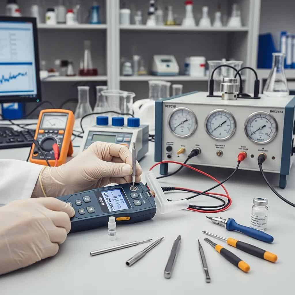 Technician calibrating a breathalyzer device in a forensic lab setting